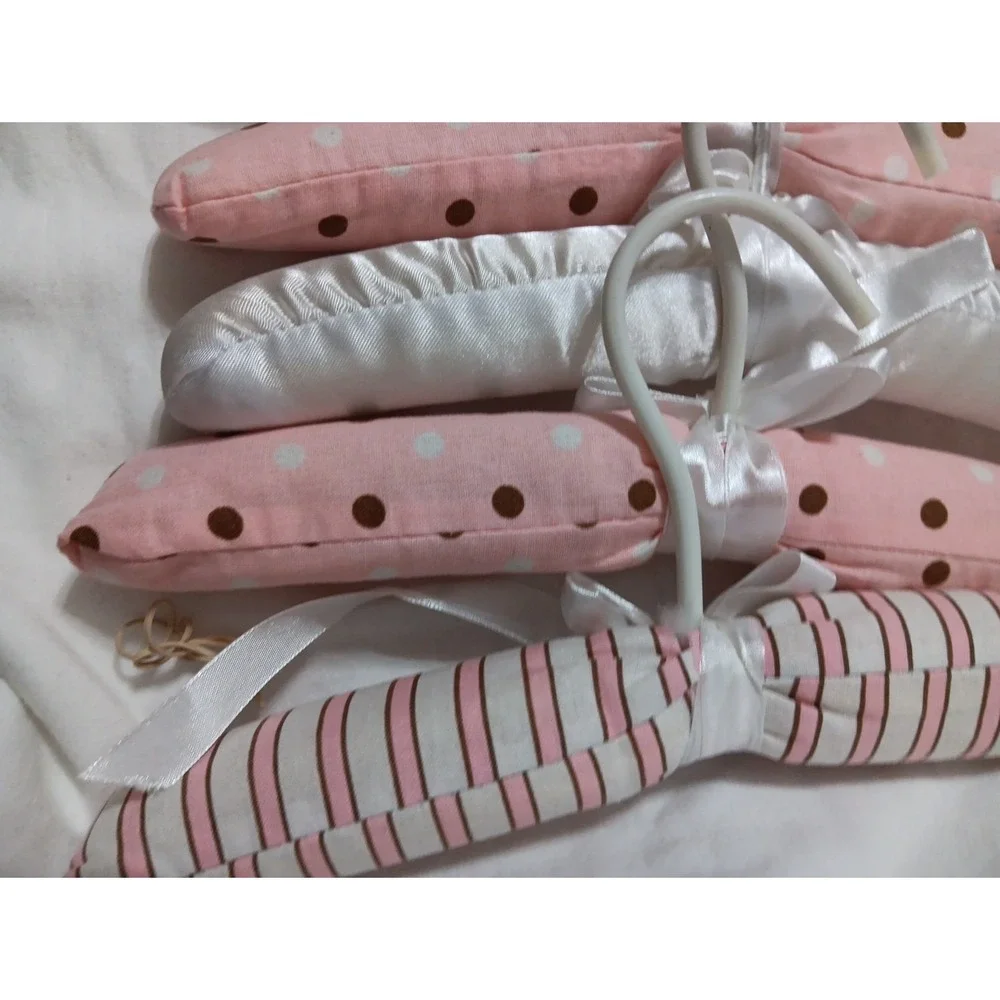 5 Baby Girl Padded Hangers Pink and Brown Fabric Satin 10